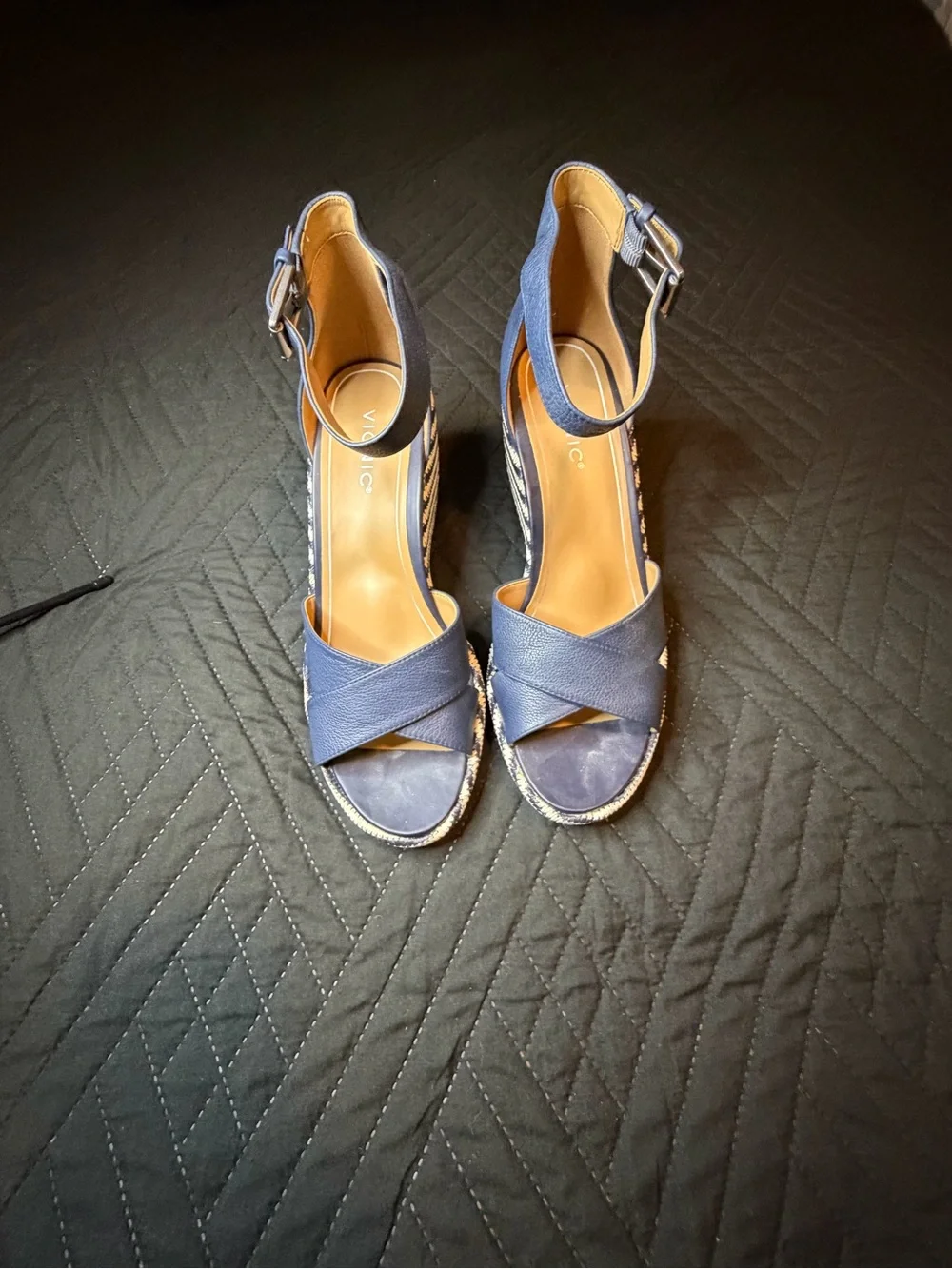 Vionic Navy Blue Espadrille Wedge Sandals with Ankle Strap